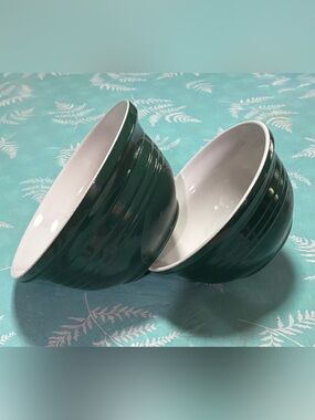 Vintage Over and Back Set of Two Dark Green Ceramic Bowls with White Interior